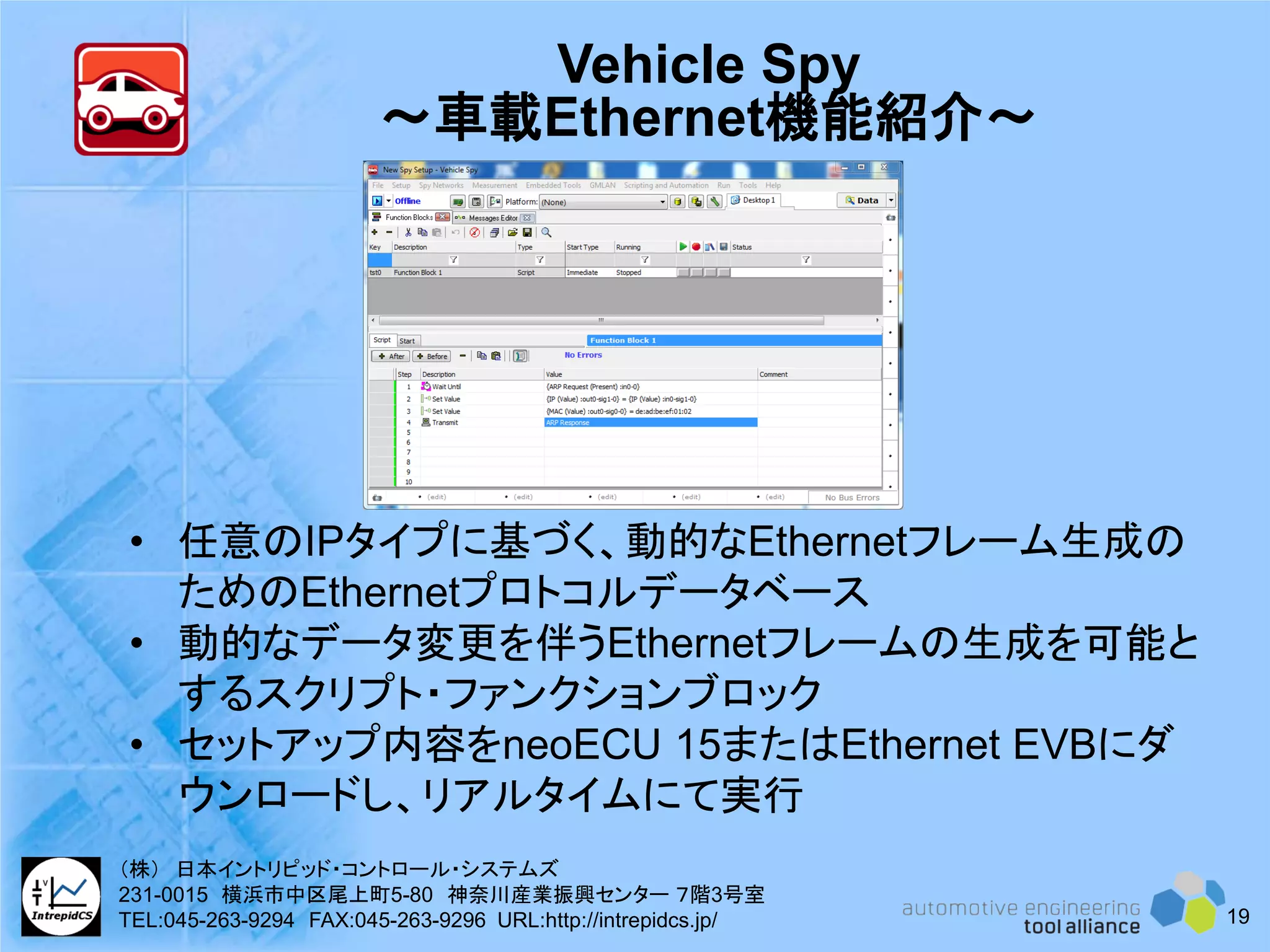 Vehicle Spy
～車載Ethernet機能紹介～
• 任意のIPタイプに基づく、動的なEthernetフレーム生成の
ためのEthernetプロトコルデータベース
• 動的なデータ変更を伴うEthernetフレームの生成を可能と
するスクリプト・ファンクションブロック
• セットアップ内容をneoECU 15またはEthernet EVBにダ
ウンロードし、リアルタイムにて実行
19
（株） 日本イントリピッド・コントロール・システムズ
231-0015 横浜市中区尾上町5-80 神奈川産業振興センター ７階3号室
TEL:045-263-9294 FAX:045-263-9296 URL:http://intrepidcs.jp/
 
