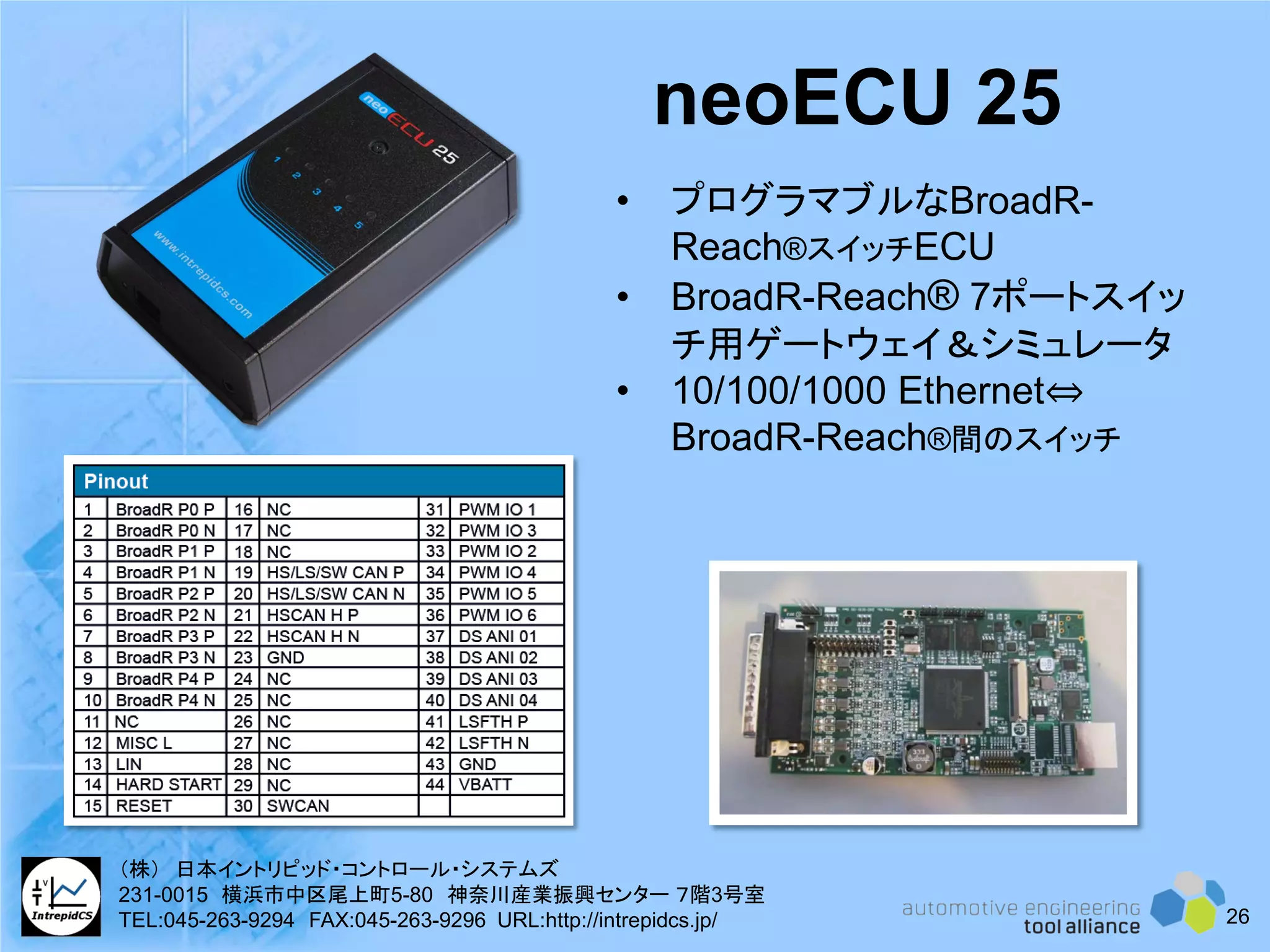 • プログラマブルなBroadR-
Reach®スイッチECU
• BroadR-Reach® 7ポートスイッ
チ用ゲートウェイ＆シミュレータ
• 10/100/1000 Ethernet⇔
BroadR-Reach®間のスイッチ
neoECU 25
26
（株） 日本イントリピッド・コントロール・システムズ
231-0015 横浜市中区尾上町5-80 神奈川産業振興センター ７階3号室
TEL:045-263-9294 FAX:045-263-9296 URL:http://intrepidcs.jp/
 