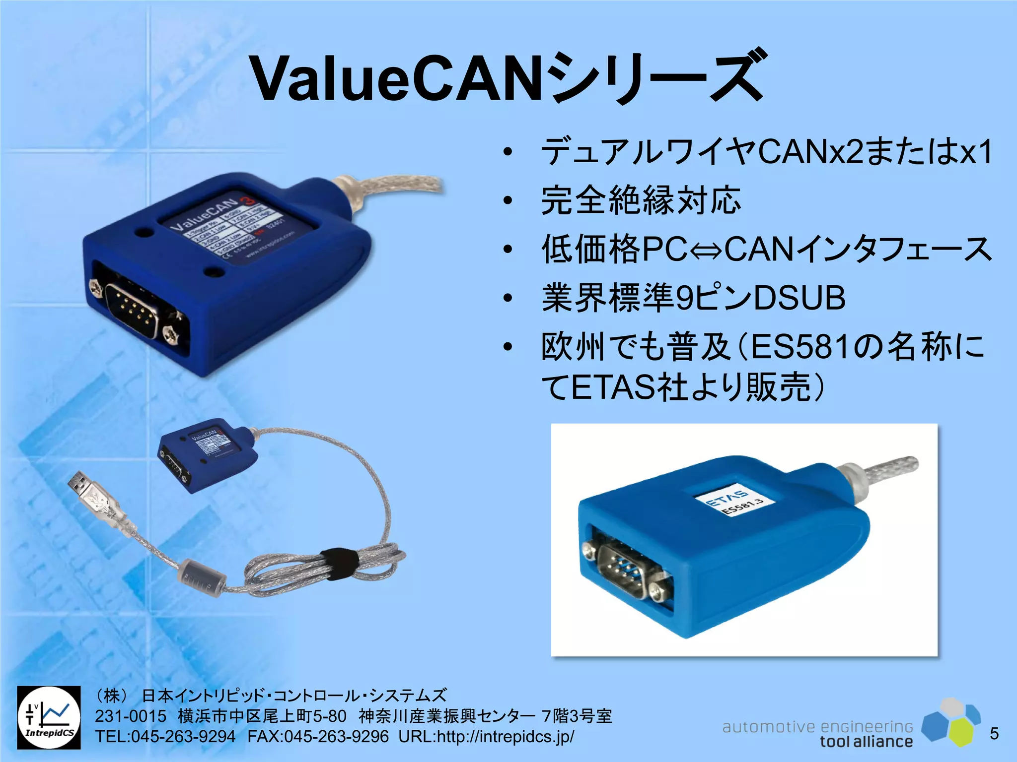 ValueCANシリーズ
• デュアルワイヤCANx2またはx1
• 完全絶縁対応
• 低価格PC⇔CANインタフェース
• 業界標準9ピンDSUB
• 欧州でも普及（ES581の名称に
てETAS社より販売）
5
（株） 日本イントリピッド・コントロール・システムズ
231-0015 横浜市中区尾上町5-80 神奈川産業振興センター ７階3号室
TEL:045-263-9294 FAX:045-263-9296 URL:http://intrepidcs.jp/
 