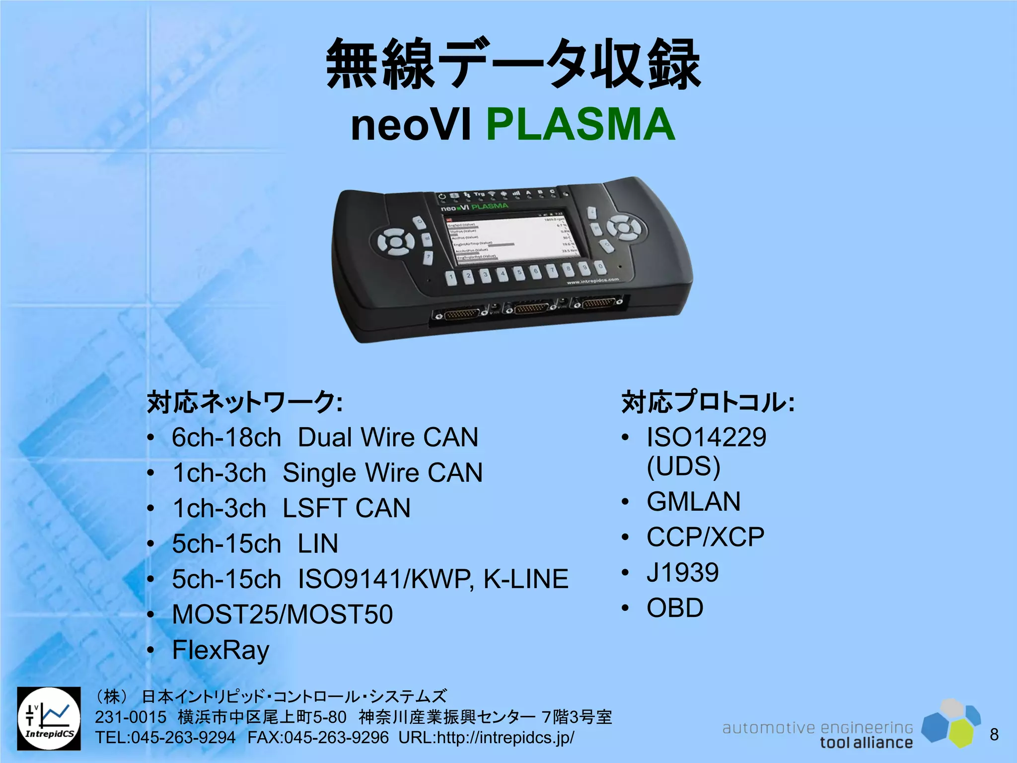 無線データ収録
neoVI PLASMA
対応ネットワーク:
• 6ch-18ch Dual Wire CAN
• 1ch-3ch Single Wire CAN
• 1ch-3ch LSFT CAN
• 5ch-15ch LIN
• 5ch-15ch ISO9141/KWP, K-LINE
• MOST25/MOST50
• FlexRay
対応プロトコル:
• ISO14229
(UDS)
• GMLAN
• CCP/XCP
• J1939
• OBD
8
（株） 日本イントリピッド・コントロール・システムズ
231-0015 横浜市中区尾上町5-80 神奈川産業振興センター ７階3号室
TEL:045-263-9294 FAX:045-263-9296 URL:http://intrepidcs.jp/
 
