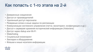 Как попасть с 1-го этапа на 2-й
• Доверенные соединения
• Доступ от производителей
• Удаленный доступ персонала
• Резервные копии и иные задачи по репликации
• Коммуникации системного управления (патчи, мониторинг, конфигурации и др.)
• Доступ к серверам хранения исторический информации (historians)
• Доступ через dialup или Wi-Fi
• Waterholing
• Социальный инжиниринг
• Закладки в оборудование
• Флешки и иные носители информации
 