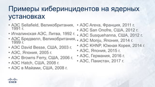 Примеры киберинцидентов на ядерных
установках
• АЭС Sellafield, Великобритания,
1991 г.
• Игналинская АЭС, Литва, 1992 г.
• АЭС Бредвелл, Великобритания,
1999 г.
• АЭС David Besse, США, 2003 г.
• АЭС, Япония, 2005 г.
• АЭС Browns Ferry, США, 2006 г.
• АЭС Hatch, США, 2008 г.
• АЭС в Майами, США, 2008 г.
• АЭС Areva, Франция, 2011 г.
• АЭС San Onofre, США, 2012 г.
• АЭС Susquehanna, США, 2012 г.
• АЭС Monju, Япония, 2014 г.
• АЭС KHNP, Южная Корея, 2014 г.
• АЭС, Япония, 2015 г.
• АЭС, Германия, 2016 г.
• АЭС, Пакистан, 2017 г.
 