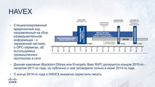 HAVEX
• Специализированный
вредоносный код,
направленный на сбор
разведывательной
информации - о
зараженной системе,
о OPC-сервисах, об
используемых
промышленных
протоколах в сети
• Данная кампания (Backdorr.Oldrea или Energetic Bear RAT) датируется концом 2010-го -
началом 2011-го года, но публично о ней заговорили только в июне 2014-го года
• С конца 2014-го года о HAVEX внезапно перестали писать
 