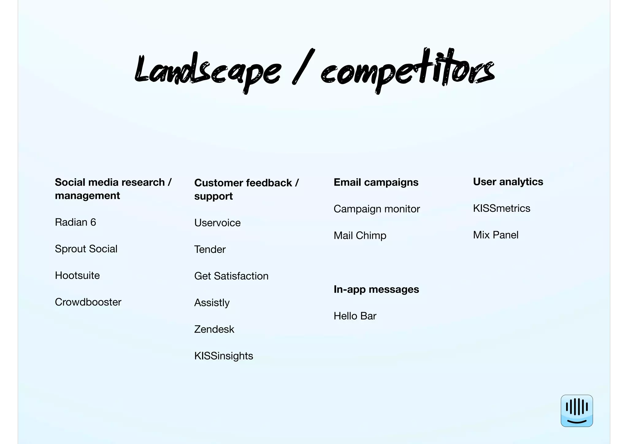 Lscape / compers
Social media research /
management
Radian 6
Sprout Social
Hootsuite
Crowdbooster
Customer feedback /
support
Uservoice
Tender
Get Satisfaction
Assistly
Zendesk
KISSinsights
Email campaigns
Campaign monitor
Mail Chimp
In-app messages
Hello Bar
User analytics
KISSmetrics
Mix Panel
 