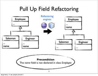 Pull Up Field Refactoring
                                                Refactoring
                        Employee                 engines                   Employee
                  ...                                                    ...
                                                                         name



       Salesman                      Engineer
   ...                           ...                                Salesman           Engineer
   name                          name                         ...                ...



                                          Precondition
                            The name ﬁeld is not declared in class Employee


                                                      3
terça-feira, 11 de outubro de 2011
 
