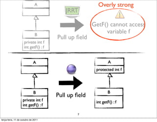 A                       Overly strong
                                         JRRT

                                                     GetF() cannot access
                               B
                                                          variable f
                                      Pull up ﬁeld
                     private int f
                     int getF() : f


                             A                                A
                                                      protected int f




                             B                               B
                                      Pull up ﬁeld
                    private int f                     int getF() : f
                    int getF() : f

                                              7
terça-feira, 11 de outubro de 2011
 
