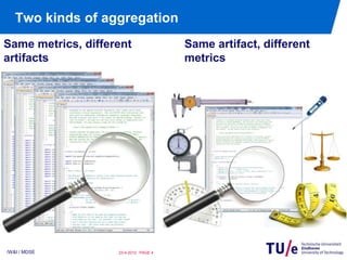 Two kinds of aggregation
Same metrics, different                Same artifact, different
artifacts                              metrics




/W&I / MDSE         23-4-2012 PAGE 4
 