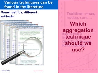 Various techniques can be
   found in the literature
Same metrics, different                  Traditional: mean,
artifacts                                median, sum, …

                                            Which
                                       aggregation
                                       Econometric
                                         technique
                                       inequality indices:
                                       Gini, Theil, Hoover,
                                         should we
                                       Kolm, Atkinson
                                              use?


/W&I / MDSE         23-4-2012 PAGE 6
 