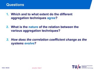 Questions

      1. Which and to what extent do the different
         aggregation techniques agree?

      2. What is the nature of the relation between the
         various aggregation techniques?

      3. How does the correlation coefficient change as the
         systems evolve?




/W&I / MDSE            23-4-2012 PAGE 7
 