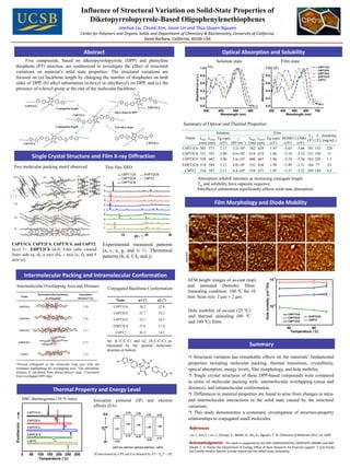 Influence of Structural Variation on Solid-State Properties of
                                                                                             Diketopyrrolopyrrole-Based Oligophenylenethiophenes
                                                                                                                                    Jianhua Liu, Chunki Kim, Jason Lin and Thuc-Quyen Nguyen
                                                                                          Center for Polymers and Organic Solids and Department of Chemistry & Biochemistry, University of California,
                                                                                                                             Santa Barbara, California, 93106 USA


                                                                                           Abstract                                                                                                                                                      Optical Absorption and Solubility
             Five compounds, based on diketopyrrolopyrrole (DPP) and phenylene                                                                                                                                                                        Solution state                                                                    Film state
        thiophene (PT) moieties, are synthesized to investigate the effect of structural                                                                                                                                                  1.0   (a)                                                  1.0                       (b)                                 C6PT1C6

        variations on material’s solid state properties. The structural variations are                                                                                                                                                                                                                                                                             C6PT2C6
                                                                                                                                                                                                                                                                                                                                                                   C6PT3C6
                                                                                                                                                                                                                                          0.8                                                        0.8




                                                                                                                                                                                                                                                                                 Absorbance (a.u.)
                                                                                                                                                                                                                      Absorbance (a.u.)
        focused on (a) backbone length by changing the number of thiophenes on both                                                                                                                                                                                                                                                                                EHPT2C6
                                                                                                                                                                                                                                                                                                                                                                   C6PT2
        sides of DPP, (b) alkyl substitution (n-hexyl or ethylhexyl) on DPP, and (c) the                                                                                                                                                  0.6                                                        0.6
        presence of n-hexyl group at the end of the molecular backbone.                                                                                                                                                                   0.4                                                        0.4

                                                     O
                                                         N                                                                                            O   N
                                                                                                                                                                                        S
                                                                                                                                                                                                                                          0.2                                                        0.2
                                                                   S                                                                                                            S
                                       S                                                                                                     S
                                                     N                                                                               S
                                                                                                                                                                                                                                          0.0                                                        0.0
                                                                                                                                                          N    O
                         C6PT1C6                         O
                                                              Conjugation length                                                                                           EHPT2C6
                                                                                                                            Alkyl chain on DPP
                                                                                                                                                                                                                                            300        400     500      600                                            300              400      500    600      700
                                                                               C6PT2C6             O    N
                                                                                                                                                                                                                                                        Wavelength (nm)                                                                       Wavelength (nm)
                                                                                                                    S   S

                                                                                    S      S

                                                                                                                                                                                                              Summary of Optical and Thermal Properties
                                                                                                       N    O

                                                             Conjugation length                                             End alkyl chain

                                                         O
                                                                                                                                                  O
                                                                                                                                                      N                                                                        Solution                                                                          Film
                                                             N                                                                                                         S                                                                                                                                                                                   Tm Tc Solubility
                                   S                                   S
                                                                           S
                                                                                S                                               S
                                                                                                                                     S                                              S
                                                                                                                                                                                                               Name λmax λonset Eg (opt)    ɛ                            λmax λonset                         Eg (opt) HOMO                         LUMO
                             S
                                           S
                                                         N
                                                                                                                                                  N
                                                                                                                                                      O                                                                                                                                                                                                   (º (º (mg/mL)
                                                                                                                                                                                                                                                                                                                                                            C) C)
                         C6PT3C6
                                                             O                                                                                                             C6PT3C6                                    (nm) (nm) (eV) (M-1cm-1)                           (nm) (nm)                            (eV)     (eV)                         (eV)
                                                                                                                                                                                                              C6PT1C6 505 571 2.17       3.2104                          582 629                             1.97     -5.63                        -3.66 181 143   228
                                                                                                                                                                                                              C6PT2C6 521 591 2.09       4.6104                          614 674                             1.84     -5.16                        -3.32 231 194    11
                                 Single Crystal Structure and Film X-ray Diffraction                                                                                                                          C6PT3C6 528 602 2.06       5.6104                          608 667                             1.86     -5.24                        -3.38 263 229   1.5
                                                                                                                                                                                                              EHPT2C6 514 584                           2.12   4.8104   532 626                                              1.98        -5.49     -3.51 164 77        53
    Two molecular packing motif observed                                                                         Thin film XRD
                                                                                                                                                                                                               C6PT2 516 587                            2.11   4.4104   554 671                                              1.85        -5.37     -3.52 249 184       6.3
                                                                                    (c)
                                                                                                                                     C6PT1C6                           EHPT2C6
    (a)                                        (b)
                                                                                                                                     C6PT2C6                           C6PT2                                                   Absorption redshift saturates as increasing conjugate length.
                                                                                                                                     C6PT3C6
                                                                                                                a                                                                                                              Tm and solubility have opposite sequence.
    b                                                                                                           b                                                                                                              Ethylhexyl substitution significantly affects solid state absorption.
c       a                                                                                                       c
                                                                                                                d
    (d)                                                                                                         e                                                                                                                                     Film Morphology and Diode Mobility
                                                                                                                f
                                                                                                                g
    (e)                                                                                                                                                                                                              C6PT1C6                            C6PT2C6           C6PT3C6                                                       EHPT2C6                 C6PT2
                                                                                                                h
                                                                                                                i
    (f)                                                                                                         j

                                                                                                                                     10
                                                                                                                                                      2 ° 20
                                                                                                                                                                                                       30


C6PT1C6, C6PT2C6, C6PT3C6, and C6PT2                                                                            Experimental measured patterns
(a-c) Vs. EHPT2C6 (d-f). Unit cells viewed                                                                      (a, c, e, g, and i) Vs. Theoretical
from side (a, d), a axis (b), c axis (c, f), and b                                                              patterns (b, d, f, h, and j)
axis (e).

                                                                                                                                     φ2                   O
                                                                                                                                                                           R1
                         Intermolecular Packing and Intramolecular Conformation
                                                                   φ1
                                                                                                                 R2
                                                                                                                            S                                      N
                                                                                                                                                                                                                                                                                                                                   -5
                                                                                                                                                                                                                AFM height images of as-cast (top)                                                                            10
                                                                                                                                                                                                                                                                                                     Hole mobility (cm /Vs)




            Intermolecular Overlapping Area and Distance                                                                                              N                                            S            and annealed (bottom) films.
                                                                                                                    Conjugated Backbone ConformationR2
                                                                                                                                R1
                                                                                                                                                                                                                Annealing condition: 100 º for 10
                                                                                                                                                                                                                                          C
                                                                                                                                                                                                                                                                                                     2




                                                                                                                                    O

                                                                                                                                                                                                                min. Scan size: 2 µm  2 µm.
                                       Intermolecular backbone                       Interplane
                     Name
                                             overlappinga                           distanceb (Å)
                                                                                                                                Name                      φ1 (o)                            φ2 (o)
                                                                                                                                                                                                                                                                                                                                   -6
               C6PT1C6                                                                     3.28                             C6PT1C6                           26.2                           22.8                                                                                                                             10
                                                                                                                            C6PT2C6                           23.7                           10.2
                                                                                                                                                                                                                 Hole mobility of as-cast (25 º
                                                                                                                                                                                                                                              C)
                                                                                                                                                                                                                                                                                                                                               C6PT1C6
               C6PT2C6                                                                     3.26
                                                                                                                                                                                                                 and thermal annealing (80 º   C                                                                                               C6PT2C6     EHPT2C6
                                                                                                                            C6PT3C6                           25.1                           16.5                                                                                                                                                          C6PT2
                                                                                                                                                                                                                 and 100 º films.
                                                                                                                                                                                                                         C)                                                                                                                    C6PT3C6
                                                                                                                            EHPT2C6                           37.6                           17.4
                                                                                                                                                                                                                                                                                                                                              40            80
               C6PT3C6                                                                     3.37
                                                                                                                                C6PT2                         26.2                           14.2                                                                                                                                               Temperature (C)

                                                                                                                    aφ1   (C-C-C-C) and φ2 (X-C-C-C) as
                                                                                           3.27c
               EHPT3C6
                                                                                                                    illustrated by the general molecular                                                                                                                 Summary
                                                                                                                    structure at bottom.
                     C6PT2                                                                 3.23
                                                                                                                                                                                                                   Structural variation has remarkable effects on the materials’ fundamental
                                                                                                                                                 φ2                O
                                                                                                                                                                                R1
                                                                                                                                                                                                                 properties including molecular packing, thermal transitions, crystallinity,
                                                                                                                                R2
        aViewed   orthogonal to the molecular long axis with red                                                                         S
                                                                                                                                                              φ1           N

        rectangles highlighting the overlapping area. bThe interplanar                                                                                                                                           optical absorption, energy levels, film morphology, and hole mobility.
        distance is calculated from phenyl-phenyl rings. cCalculated                                                                                           N                                   S
                                                                                                                                                                                                         R2
                                                                                                                                                                                                                  Single crystal structures of these DPP-based compounds were compared
                                                                                                                                                          R1
                                                                                                                                                                       O
        from overlapped DPP rings.
                                                                                                                                             Name                  φ1 (o)                    φ2 (o)              in terms of molecular packing style, intermolecular overlapping (areas and
                                                             Thermal Property and Energy Level                                           C6PT1C6                       26.2                   22.8               distance), and intramolecular conformation.
                                                                                       C6PT2C6                                                                         23.7                   10.2
                                                                                                                                                                                                                  Differences in material properties are found to arise from changes in intra-
                     DSC thermograms (10 oC/min)                                                       Ionization potential (IP)
                                                                                                                                         C6PT3C6                       25.1
                                                                                                                                                                           and
                                                                                                                                                                                              16.5
                                                                                                                                                                                             electron            and intermolecular interactions in the solid state caused by the structural
                                                                                                                      EHPT2C6                                          37.6                   17.4
                                                                                                       affinity (EA)   C6PT2                                           26.2                   14.2
                                                                                                                                                                                                                 variations.
                           C6PT1C6                                                                         LUMO
                                                                                                              EA
                                                                                                                                      -3.32
                                                                                                                                          -3.32 -3.38
                                                                                                                                                    -3.38 -3.51
                                                                                                                                                                                                                  This study demonstrates a systematic investigation of structure-property
                                                                                                                            -3.66                                   -3.52
                                                                                                                                                                        -3.43
                                                                                                                                                              -3.51
                           C6PT2C6
                                                                                                                                -3.66
                                                                                                                                                                                                                 relationships in conjugated small molecules.
        Exothermic




                                                                                                                                             1.841.84 1.86
                                                                                                             opt                                          1.86                   1.85
                           C6PT3C6                                                                          Eg E opt        1.971.97
                                                                                                                                                                        1.98
                                                                                                                                                                            1.98
                                                                                                                                                                                     1.94
                                                                                                                                                                                                                 References
                                                                                                                 g

                           EHPT2C6                                                                                                        -5.16                                                                  Liu, J.; Kim, C.; Lin, J.; Tamayo, A.; Walker, B.; Wu, G.; Nguyen, T. -Q. Chemistry of Materials 2012, 24, 1699.
                                                                                                                                              -5.16 -5.24
                                                                                                                                                        -5.24                               -5.37
                                                                                                                                                                        -5.49                   -5.37
                           C6PT2                                                                           HOMO
                                                                                                              IP            -5.63                                           -5.49
                                                                                                                                -5.63                                                                            Acknowledgments:          This work is supported by the NSF-CAREER/SPECIAL CREATIVITY AWARD and NSF-
                                                                                                                          C6PT1C6 C6PT2C6 C6PT3C6 EHPT2C6 C6PT2
                                                                                                                             C6PT1C6 C6PT2C6 C6PT3C6 EHPT2C6 C6PT2                                               SOLAR. C. K. thanks the Department of Energy, Office of Basic Research for financial support. T.-Q.N thanks
                                                                                                                                                                                                                 the Camille Dreyfus Teacher Scholar Award and the Alfred Sloan Fellowship.
                     0       50        100 150 200 250 300                                             IP determined by UPS and EA obtained by EA = Egopt - |IP|.
                                        Temperature (C)
 