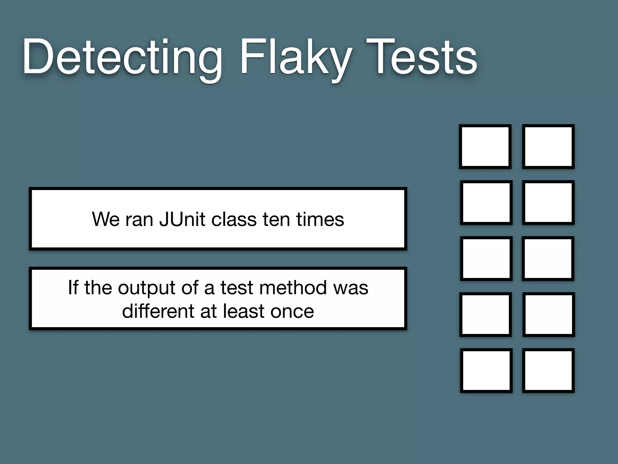 Detecting Flaky Tests
If the output of a test method was
diﬀerent at least once
We ran JUnit class ten times
 