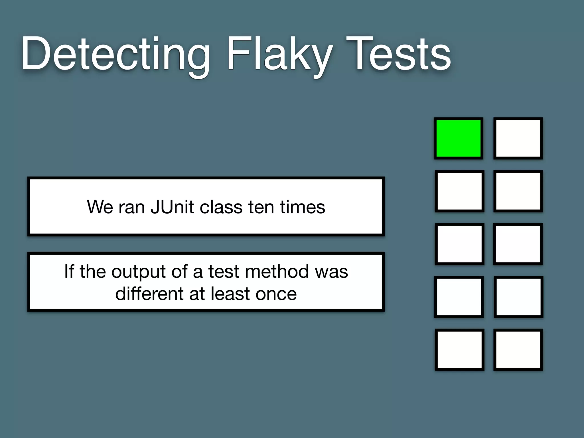 Detecting Flaky Tests
If the output of a test method was
diﬀerent at least once
We ran JUnit class ten times
 