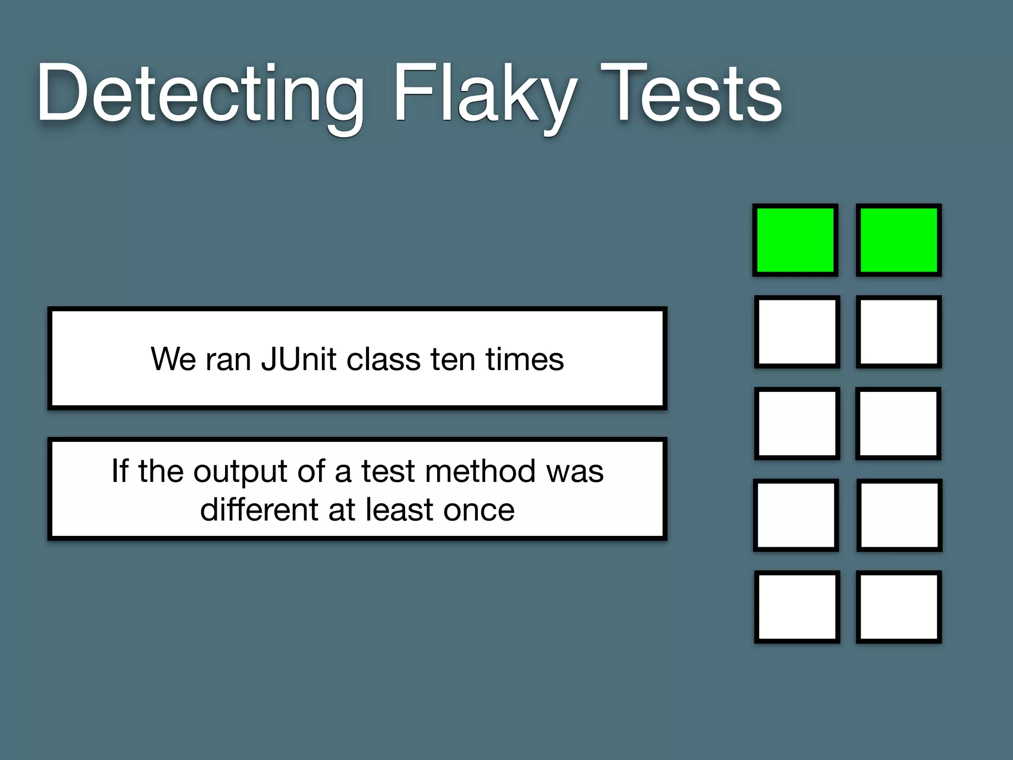 Detecting Flaky Tests
If the output of a test method was
diﬀerent at least once
We ran JUnit class ten times
 