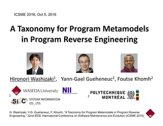 A Taxonomy for Program Metamodels
in Program Reverse Engineering
Hironori Washizaki1, Yann-Gael Gueheneuc2, Foutse Khomh2
ICSME 2016, Oct 5, 2016
H. Washizaki, Y-G. Gueheneuc, F. Khomh, “A Taxonomy for Program Metamodels in Program Reverse
Engineering,” 32nd IEEE International Conference on Software Maintenance and Evolution (ICSME 2016)
1 2
SYSTEM INFORMATION
CO., LTD.
 