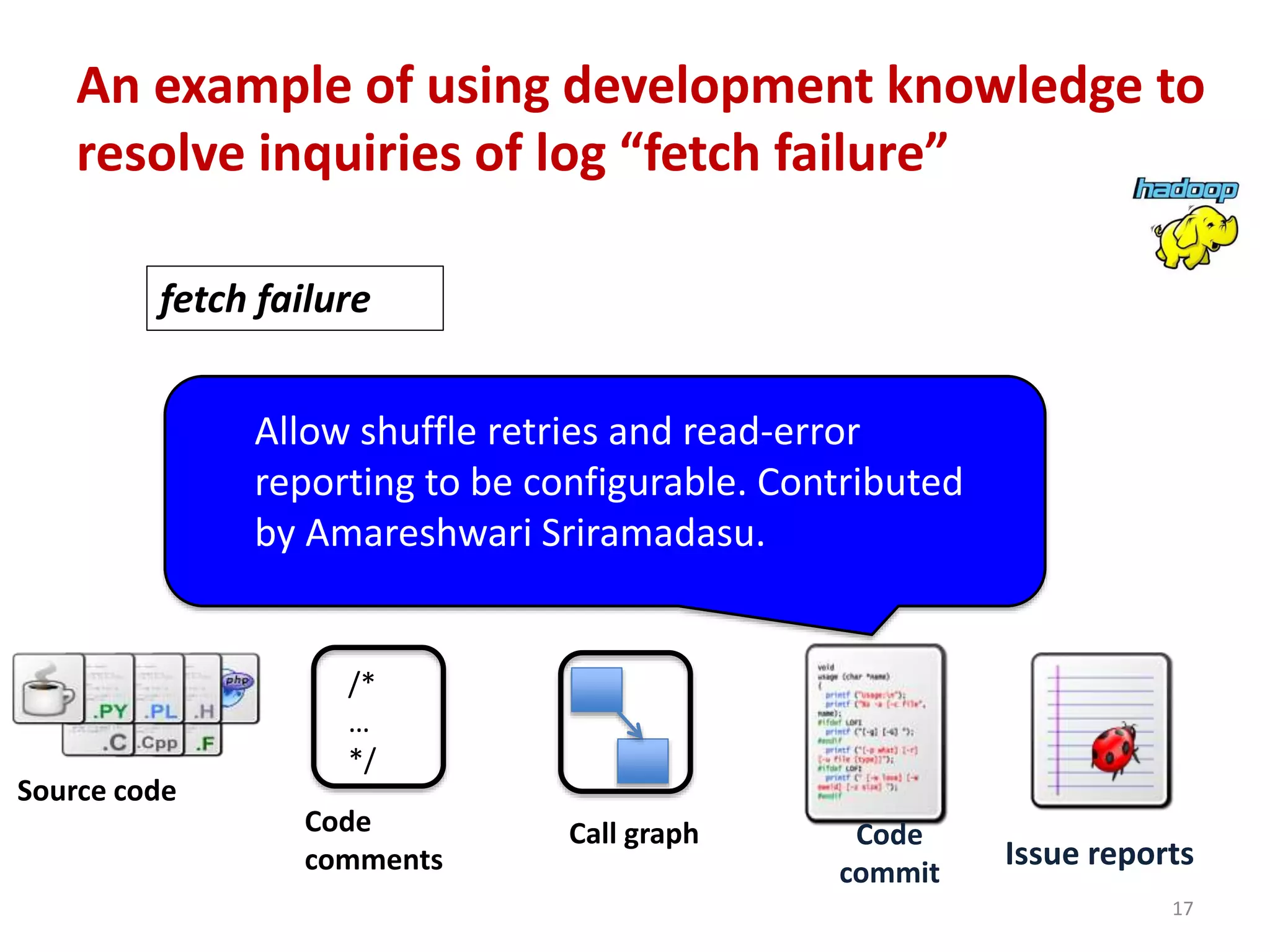 17
Code
commit
Issue reports
Source code
/*
…
*/
Code
comments
Call graph
fetch failure
Allow shuffle retries and read-error
reporting to be configurable. Contributed
by Amareshwari Sriramadasu.
An example of using development knowledge to
resolve inquiries of log “fetch failure”
 