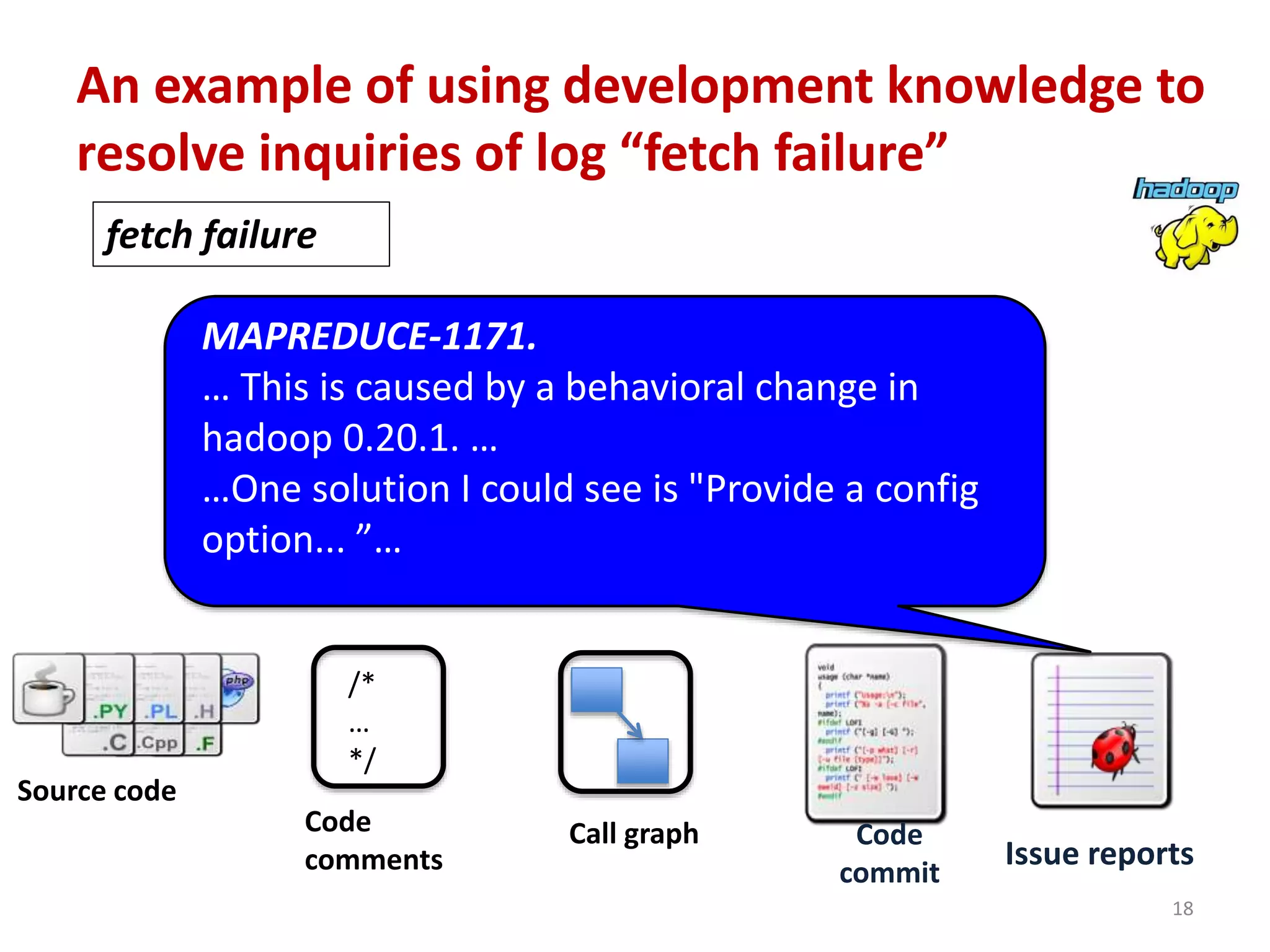 18
Code
commit
Issue reports
Source code
/*
…
*/
Code
comments
Call graph
fetch failure
MAPREDUCE-1171.
… This is caused by a behavioral change in
hadoop 0.20.1. …
…One solution I could see is "Provide a config
option... ”…
An example of using development knowledge to
resolve inquiries of log “fetch failure”
 