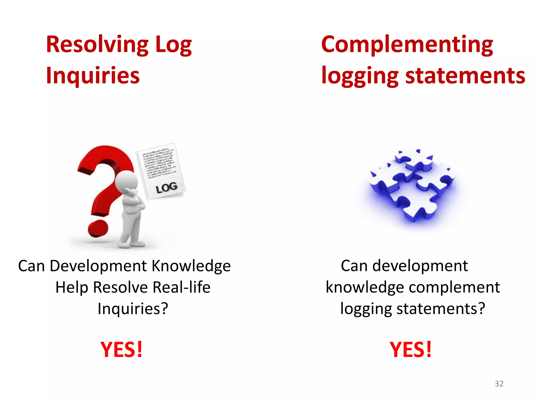 Complementing
logging statements
32
Resolving Log
Inquiries
Can Development Knowledge
Help Resolve Real-life
Inquiries?
YES! YES!
Can development
knowledge complement
logging statements?
 