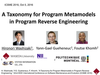 A Taxonomy for Program Metamodels
in Program Reverse Engineering
Hironori Washizaki1, Yann-Gael Gueheneuc2, Foutse Khomh2
ICSME 2016, Oct 5, 2016
H. Washizaki, Y-G. Gueheneuc, F. Khomh, “A Taxonomy for Program Metamodels in Program Reverse
Engineering,” 32nd IEEE International Conference on Software Maintenance and Evolution (ICSME 2016)
1 2
SYSTEM INFORMATION
CO., LTD.
 