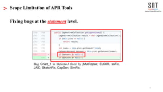 3
> Scope Limitation of APR Tools
Fixing bugs at the statement level.
Bug Chart_1 in Defects4J fixed by jMutRepair, ELIXIR, ssFix,
JAID, SketchFix, CapGen, SimFix.
 