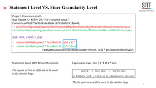 5
> Statement Level VS. Finer Granularity Level
Statement level: UPD ReturnStatement.
The repair action is difficult to be used
to fix similar bugs.
Expression level: dim / 2  0.5 * dim.
Project: Commons-math.
Bug Report ID: MATH-29, “Fix truncated value.”
Commit cedf0d27f9e9341a9e9fa8a192735a0c2e11be40,
--- a/src/main/java/org/apache/commons/math3/distribution/MultivariateNormalDistribution.java
+++ b/src/main/java/org/apache/commons/math3/distribution/MultivariateNormalDistribution.java
@@ −895, 1 +895, 1 @@
- return FastMath.pow(2 * FastMath.PI, -dim / 2) *
+ return FastMath.pow(2 * FastMath.PI, -0.5 * dim) *
FastMath.pow(covarianceMatrixDeterminant, -0.5) * getExponentTerm(vals);
The fix pattern could be used to fix similar bugs.
 