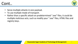 Dayananda Sagar Academy of Technology & Management
Cont..
• Serve multiple attacks in one payload.
• To use multiple mode of transport.
• Rather than a specific attack on predetermined “.exe” files, it could do
multiple malicious acts, such as modify your “.exe” files, HTML files and
registry keys.
42
 