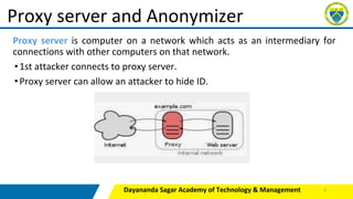 Proxy server is computer on a network which acts as an intermediary for
connections with other computers on that network.
•1st attacker connects to proxy server.
•Proxy server can allow an attacker to hide ID.
Dayananda Sagar Academy of Technology & Management
Proxy server and Anonymizer
6
 