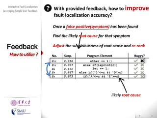 Diversity Maximization Speedup
Interactive Fault Localization
Leveraging Simple User Feedback
for Fault Localization

With provided feedback, how to improve
fault localization accuracy?
Once a false positive(symptom) has been found
Find the likely root cause for that symptom

Feedback

How to utilize ?

Adjust the suspiciousness of root cause and re-rank
No.

Susp.

S12
S11
S8
S9
S5

0.756
0.707
0.671
0.667
0.603

Program Element

Buggy?

other += 1;}
else if(isprint(c))
let += 1;
else if('0'<=c && '9'>c)
if('A'<=c && 'Z'>=c)

likely root cause
Presented by
Liang Gong

School of Software
Tsinghua University

 