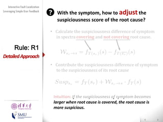 Diversity Maximization Speedup
Interactive Fault Localization
Leveraging Simple User Feedback
for Fault Localization

Rule: R1
Detailed Approach

Presented by
Liang Gong

School of Software
Tsinghua University

With the symptom, how to adjust the
suspiciousness score of the root cause?

• Calculate the suspiciousness difference of symptom
in spectra covering and not covering root cause.
• Contribute the suspiciousness difference of symptom
to the suspiciousness of its root cause
Intuition: If the suspiciousness of symptom becomes
larger when root cause is covered, the root cause is
more suspicious.

 