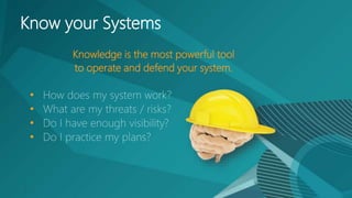 Know your Systems
Knowledge is the most powerful tool
to operate and defend your system.
•
•
•
•
3
 