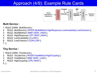 Approach (4/9): Example Rule Cards
Multi Service :
Textual
Description of
Antipatterns
Rule Card
2.Generation
Detection
algorithm
3.Detection
Suspicious
Services
1 RULE CARD: MultiService {
2 RULE: MultiService { INTER MultiMethod HighResponse LowAvailability LowCohesion };
3 RULE: MultiMethod { NMD VERY_HIGH };
4 RULE: HighResponse { RT VERY_HIGH };
5 RULE: LowAvailability { A LOW };
6 RULE: LowCohesion { COH LOW };
7 };
Francis Palma Specification and Detection of SOA Antipatterns
SBSTemplate
Tiny Service :
1 RULE CARD: TinyService {
2 RULE: TinyService { INTER FewMethod HighCoupling };
3 RULE: FewMethod { NMD VERY_LOW };
4 RULE: HighCoupling { CPL HIGH };
5 };
15
1.Specifications
 
