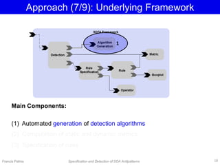 Approach (7/9): Underlying Framework
1
Francis Palma Specification and Detection of SOA Antipatterns
Main Components:
(1) Automated generation of detection algorithms
(2) Computation of static and dynamic metrics
(3) Specification of rules
18
 