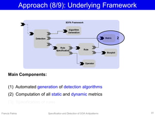 Approach (8/9): Underlying Framework
2
Francis Palma Specification and Detection of SOA Antipatterns
Main Components:
(1) Automated generation of detection algorithms
(2) Computation of all static and dynamic metrics
(3) Specification of rules
19
 