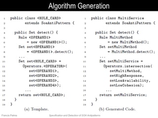 Algorithm Generation
Francis Palma Specification and Detection of SOA Antipatterns
 