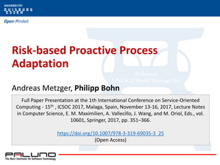 Risk-based Proactive Process
Adaptation
Andreas Metzger, Philipp Bohn
Full Paper Presentation at the 1th International Conference on Service-Oriented
Computing - 15th , ICSOC 2017, Malaga, Spain, November 13-16, 2017, Lecture Notes
in Computer Science, E. M. Maximilien, A. Vallecillo, J. Wang, and M. Oriol, Eds., vol.
10601, Springer, 2017, pp. 351–366.
https://doi.org/10.1007/978-3-319-69035-3_25
(Open Access)
 
