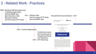 2 - Related Work - Practices
13
2010 - Content Negotiations
2011 - CRUDYs URIs
Use the wrong HTTP Verbs
Ignoring MIME Type...