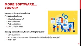 MORE SOFTWARE…
FASTER
Increasing demand for software
Professional software
• All sort of devices, IoT
• Apps on mobiles
• Web applications
• Desktop applications
Develop more software, faster, with higher quality
• More automation
• More powerful languages and frameworks (higher level of abstraction)
• Better tools
3
 
