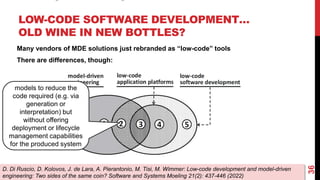 LOW-CODE SOFTWARE DEVELOPMENT…
OLD WINE IN NEW BOTTLES?
36
D. Di Ruscio, D. Kolovos, J. de Lara, A. Pierantonio, M. Tisi, M. Wimmer: Low-code development and model-driven
engineering: Two sides of the same coin? Software and Systems Moeling 21(2): 437-446 (2022)
Many vendors of MDE solutions just rebranded as “low-code” tools
There are differences, though:
models to reduce the
code required (e.g. via
generation or
interpretation) but
without offering
deployment or lifecycle
management capabilities
for the produced system
 
