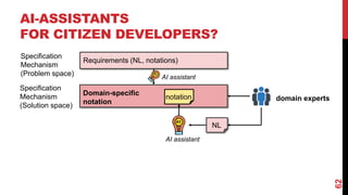 AI-ASSISTANTS
FOR CITIZEN DEVELOPERS?
62
Specification
Mechanism
(Solution space)
Specification
Mechanism
(Problem space)
Domain-specific
notation
Requirements (NL, notations)
domain experts
NL
notation
AI assistant
AI assistant
 