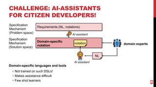 CHALLENGE: AI-ASSISTANTS
FOR CITIZEN DEVELOPERS!
63
Specification
Mechanism
(Solution space)
Specification
Mechanism
(Problem space)
Domain-specific
notation
Requirements (NL, notations)
domain experts
NL
notation
AI assistant
AI assistant
Domain-specific languages and tools
• Not trained on such DSLs!
• Makes assistance difficult
• Few shot learners
 