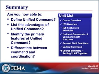 Visual 6.13
Unified Command
Summary
Are you now able to:
 Define Unified Command?
 List the advantages of
Unified Command?
 Identify the primary
features of Unified
Command?
 Differentiate between
command and
coordination?
 