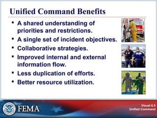 Visual 6.5
Unified Command
Unified Command Benefits
 A shared understanding of
priorities and restrictions.
 A single set of incident objectives.
 Collaborative strategies.
 Improved internal and external
information flow.
 Less duplication of efforts.
 Better resource utilization.
 