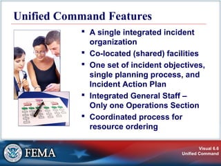 Visual 6.6
Unified Command
Unified Command Features
 A single integrated incident
organization
 Co-located (shared) facilities
 One set of incident objectives,
single planning process, and
Incident Action Plan
 Integrated General Staff –
Only one Operations Section
 Coordinated process for
resource ordering
 