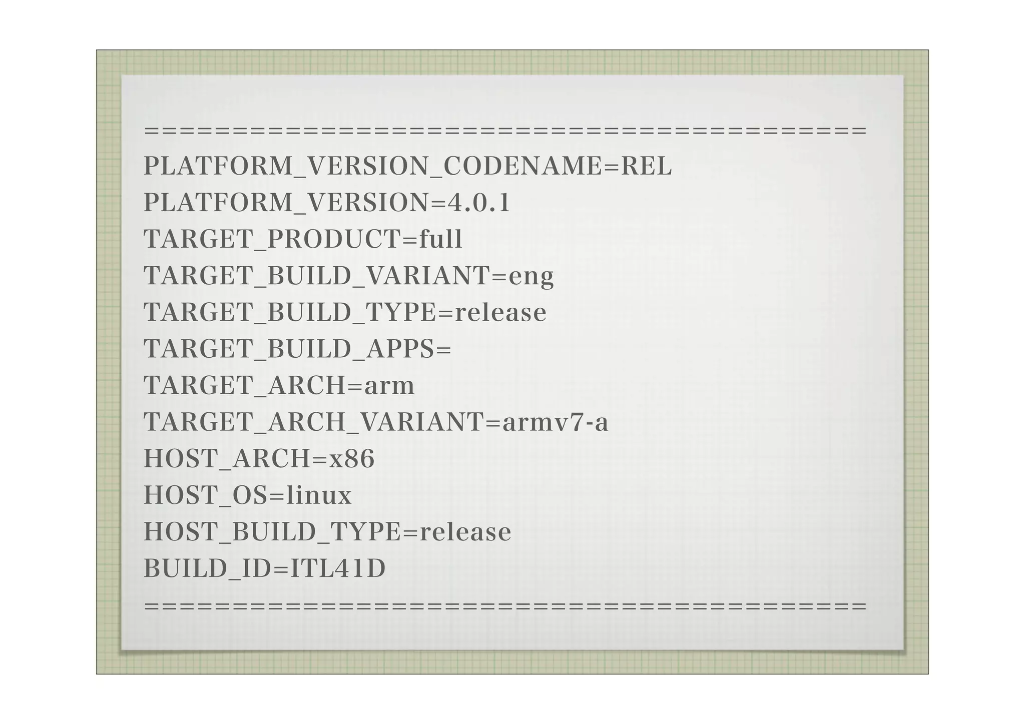 =========================================
PLATFORM_VERSION_CODENAME=REL
PLATFORM_VERSION=4.0.1
TARGET_PRODUCT=full
TARGET_BUILD_VARIANT=eng
TARGET_BUILD_TYPE=release
TARGET_BUILD_APPS=
TARGET_ARCH=arm
TARGET_ARCH_VARIANT=armv7-a
HOST_ARCH=x86
HOST_OS=linux
HOST_BUILD_TYPE=release
BUILD_ID=ITL41D
=========================================
 