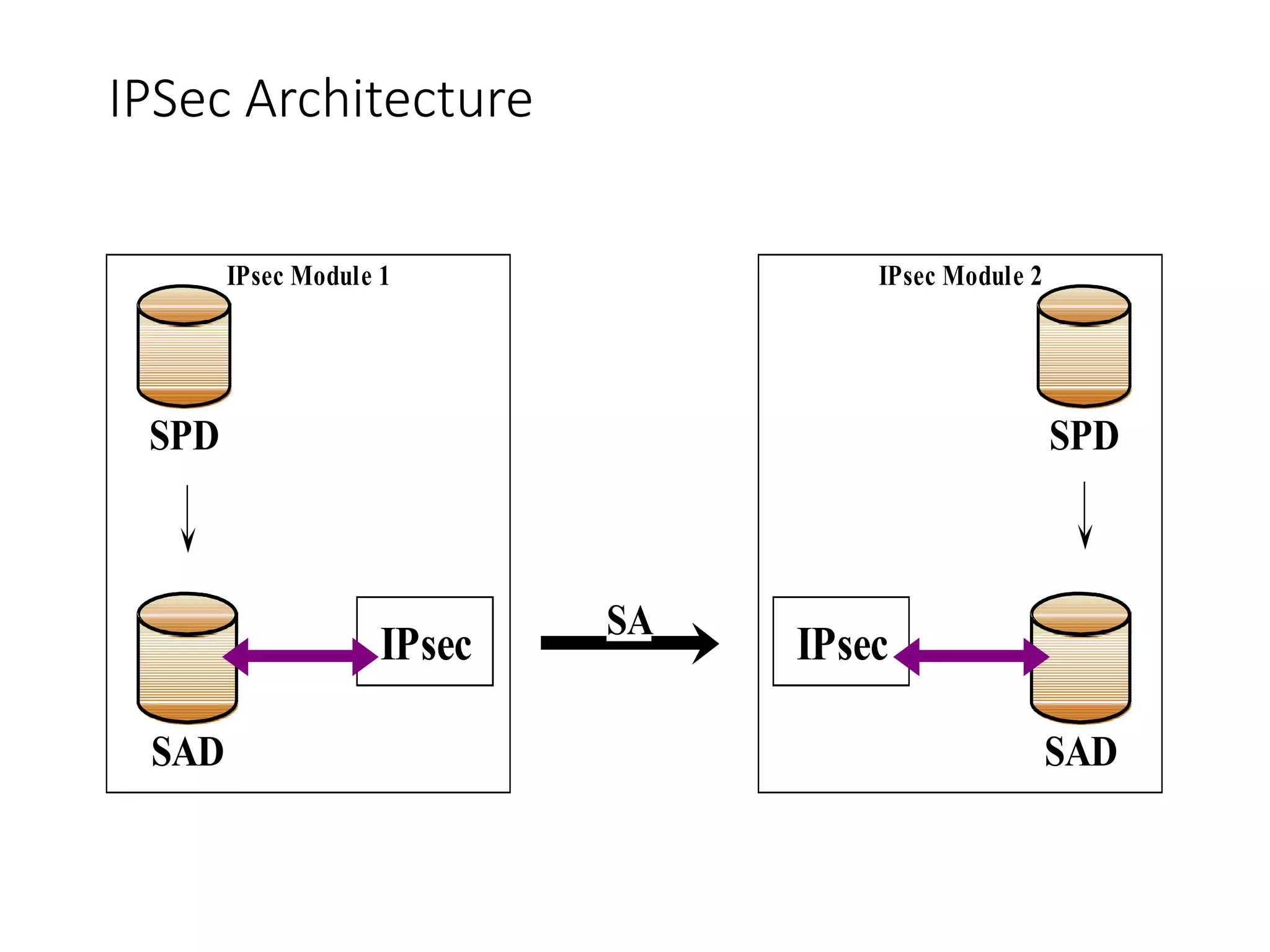 IPSec Architecture
IPsec Module 1
SPD
SAD
IPsec
IPsec Module 2
SPD
SAD
IPsec
SA
 