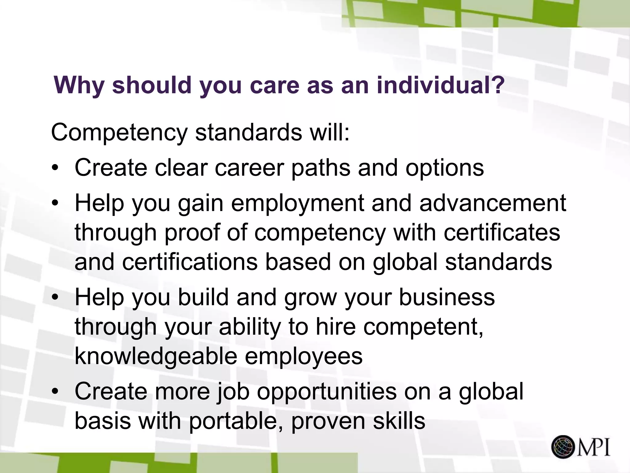 And now here is an outline of the new competency standardsINTERNATIONAL COMPETENCY STANDARDS FOR MEETING AND BUSINESS EVENT MANAGEMENTOUTLINESTRATEGIC PLANNINGPROJECT MANAGEMENTRISK MANAGEMENTFINANCIAL MANAGEMENTADMINISTRATIONHUMAN RESOURCESABCDEFManage strategic plan for meeting or eventDevelop sustainability plan for meeting or eventMeasure value of meetings14Plan meeting or event projectManage meeting or event projectManage risk management planManage risksDevelop financial resourcesManage budgetManage cash handlingPerform administrative tasks6811Manage human resources planAcquire staff and volunteersTrain staff and volunteersManage workforce relations125791321014153COMMUNICATIONSTAKEHOLDER MANAGEMENTEVENT DESIGNSITE MANAGEMENTMARKETINGPROFESSIONALISMLGHJKI28Select siteDesign siteManage siteManage site infrastructureManage on-site communicationsManage marketing planManage marketing materialsManage meeting or event merchandisePromote eventConduct public relations activitiesManage sales activities231716Design programEngage performers and entertainersCoordinate food and beverage servicesDesign environmentManage technical productionDevelop plan for attendee/participant managementManage stakeholder relationships34Exhibit professional behaviourConduct business communications352418292519263027312032213322