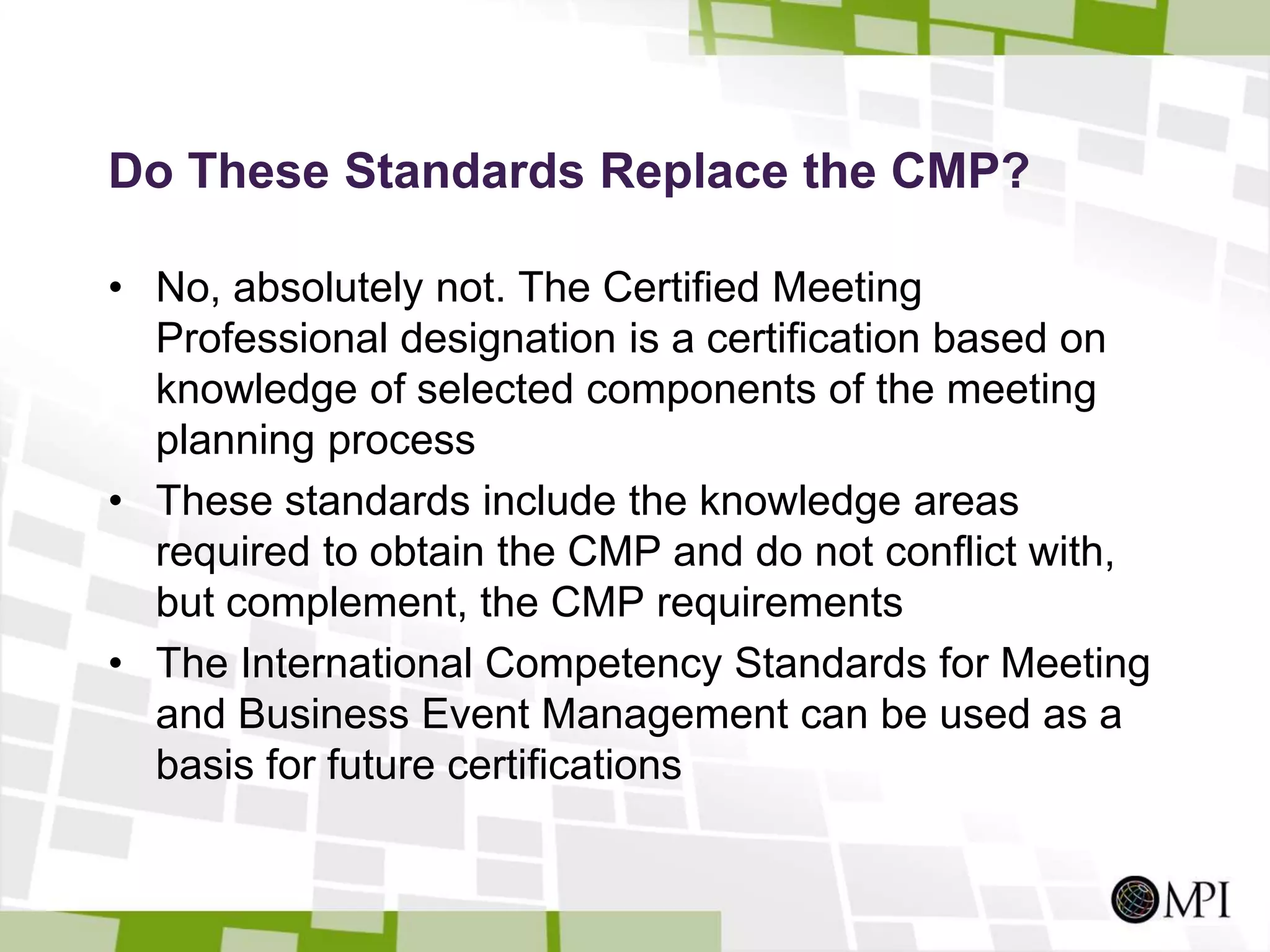 Who is CTHRC?The CTHRC is a Canadian skills sector council whose goal is to improve on the quality of the Canadian labour force, and to assist businesses to be more flexible in meeting changing competitive demands. CTHRC is funded by the federal department of labour: Human Resources and Skills Development Canada (HRSDC). The Council works on behalf of the tourism sector to support a globally (including meetings and events) competitive workforce. www.cthrc.caMPI partnered with CTHRC to create standards for meetings and business events. Working together, CTHRC advanced its cause of creating standards for its workforce, and MPI achieved the creation of competency framework that is the first to be recognized by a government agency. Together, each partner met its goals more effectively.