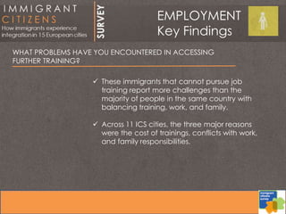 WHAT PROBLEMS HAVE YOU ENCOUNTERED IN ACCESSING
FURTHER TRAINING?
 These immigrants that cannot pursue job
training report more challenges than the
majority of people in the same country with
balancing training, work, and family.
 Across 11 ICS cities, the three major reasons
were the cost of trainings, conflicts with work,
and family responsibilities.
EMPLOYMENT
Key Findings
 