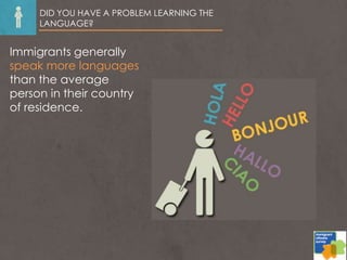 DID YOU HAVE A PROBLEM LEARNING THE
LANGUAGE?
Immigrants generally
speak more languages
than the average
person in their country
of residence.
 