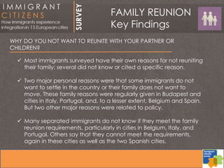 WHY DO YOU NOT WANT TO REUNITE WITH YOUR PARTNER OR
CHILDREN?
 Most immigrants surveyed have their own reasons for not reuniting
their family; several did not know or cited a specific reason.
 Two major personal reasons were that some immigrants do not
want to settle in the country or their family does not want to
move. These family reasons were regularly given in Budapest and
cities in Italy, Portugal, and, to a lesser extent, Belgium and Spain.
But two other major reasons were related to policy.
 Many separated immigrants do not know if they meet the family
reunion requirements, particularly in cities in Belgium, Italy, and
Portugal. Others say that they cannot meet the requirements,
again in these cities as well as the two Spanish cities.
FAMILY REUNION
Key Findings
 