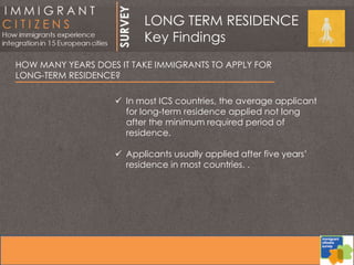 HOW MANY YEARS DOES IT TAKE IMMIGRANTS TO APPLY FOR
LONG-TERM RESIDENCE?
 In most ICS countries, the average applicant
for long-term residence applied not long
after the minimum required period of
residence.
 Applicants usually applied after five years’
residence in most countries. .
LONG TERM RESIDENCE
Key Findings
 
